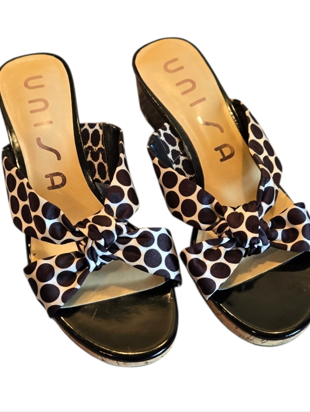 Unisa Brown & White Polka Dot Wedge Sandle Size 9M